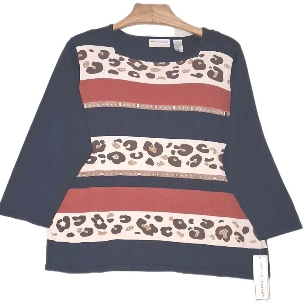 Alfred Dunner Woman 3/4 Sleeve Animal Print Knit Sweater Faux Gold Beads Size 1X